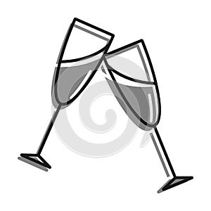 Linear icon. Glasses with festive sparkling champagne. Cheers with glasses at New Year table. Simple black and white vector