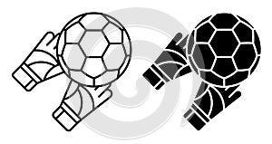 Linear icon. Goalkeeper gloved hands catch flying soccer ball. Football goalie gear to protect football goals. Simple black and