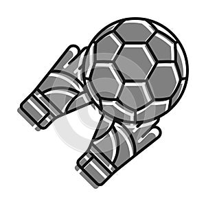 Linear icon. Goalkeeper gloved hands catch flying soccer ball. Football goalie gear to protect football goals. Simple black and