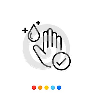 Linear icon of hand cleansed with hand sanitizer, Vector photo