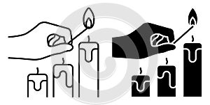 Linear icon. Hand holds burning match over candles. Preparing for the holiday, lighting candles. Simple black and white vector