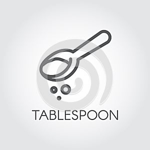 Linear icon of kitchen tablespoon with abstract ingredient. Contour vector logo