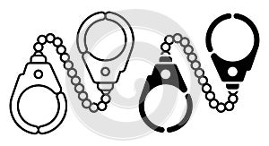 Linear icon, metal handcuffs to neutralize criminals. Outfit and equipment of police. Simple black and white vector isolated on