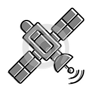 Linear icon. Satellite fly and transmit communication signal. Satellite communication and GPS navigation. Simple black and white