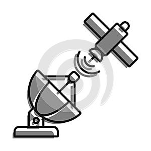 Linear icon. Satellite fly and transmit communication signal to radio antenna. Satellite communication and GPS navigation. Simple