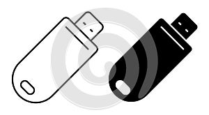 Linear icon. USB flash drive, USB memory card. Storage of information on removable media. Simple black and white vector isolated