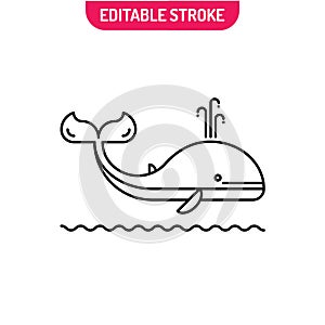 Linear icon whale. Cute whale on sea waves. Vector illustration.