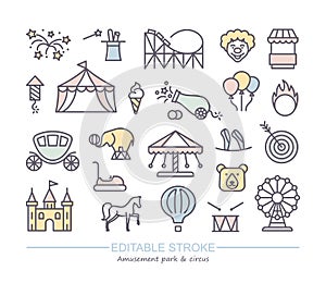 Linear icons with editable stroke on the theme of circus and amusement Park