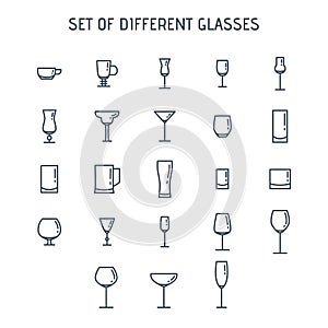 Linear icons of glasses for cocktails and alcoholic beverages.