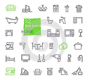 Linear icons of household items. Furniture, appliances, kitchen utensils