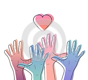 Linear illustration of color gradient human hands with hearts. International day of friendship and kindness. The unity of people.