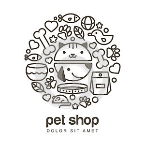 Linear illustration of funny muzzle of cat and dog. Goods for an