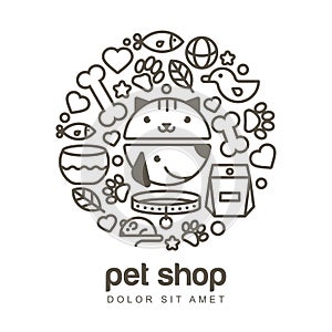 Linear illustration of funny muzzle of cat and dog. Goods for an photo