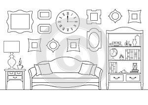 Linear interior with a sofa, a bookcase. Vector illustration in outline style. Living room