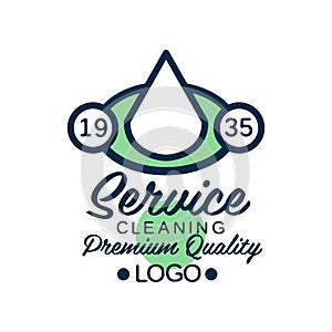 Linear logo design for house cleaning service or car wash company. Icon with white water drop in green ellipse. Flat