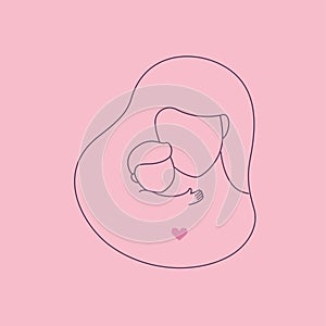 Linear logo, mother with a baby. Happy maternity. Face to face. Hugs with love