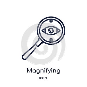 Linear magnifying glass searcher icon from General outline collection. Thin line magnifying glass searcher icon isolated on white