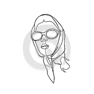 Linear minimal portrait glamour woman in sunglasses and scarf on her head.