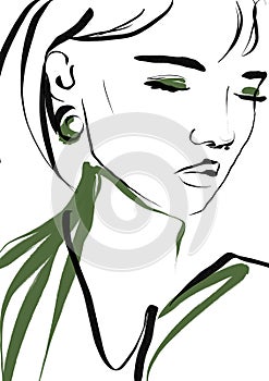 Linear minimal portrait glamour woman in watercolor style.