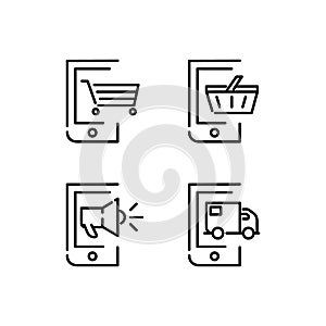 Linear mobile phone commerce icons design isolated on white background