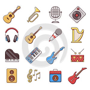 Linear music instruments vector color flat icons