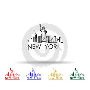 Linear new york city skyline with typographic design multi color icon. Simple thin line, outline vector of cities icons for ui and