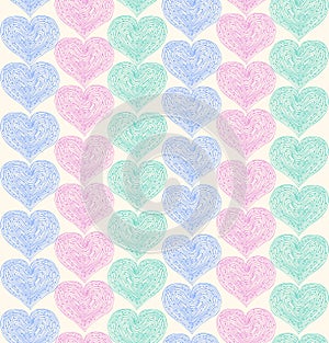 Linear ornate seamless pattern with lacy hearts Decorative texture