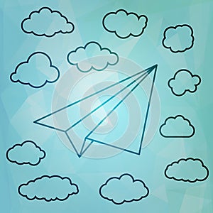 Linear Paper airplane with clouds on the blue abstract triangular background