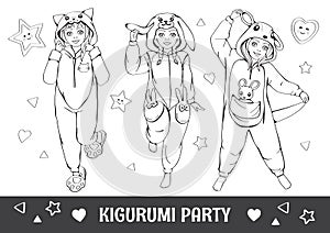 Linear pencil drawing. Antistress coloring book, page. Best friends. Cartoon fashion girl. Kigurumi or pajama party. Vector