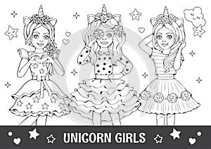 Linear pencil drawing. Antistress coloring book, page. Best friends. Fashion girl in beautiful dress. Cute Fairy or princess.