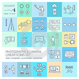 Linear photography and camera icons set