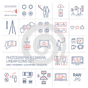 Linear photography and camera icons set blue and red