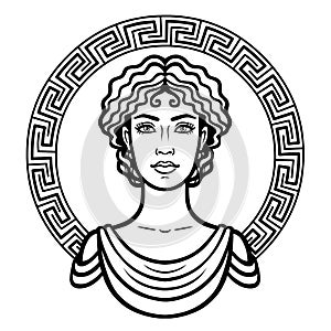 Linear portrait of the young Greek woman with a traditional hairstyle. Decorative circle.