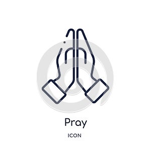 Linear pray icon from India and holi outline collection. Thin line pray icon isolated on white background. pray trendy