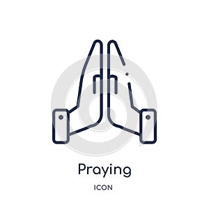 Linear praying icon from Charity outline collection. Thin line praying vector isolated on white background. praying trendy