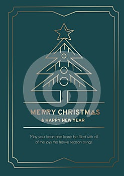 Linear retro Christmas greeting card with gold lines and Christmas tree. Merry Christmas and Happy New Year poster or invitation