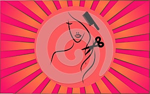Linear round icon of a woman with long hair with a comb and scissors in a barber shop on a background of abstract red rays. Vector