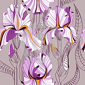 Linear seamless pattern with big spring flowers. Irises