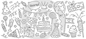 Linear set of holiday design elements. Party decorations. Festive flags, birthday cake, balloons, glasses with champagne