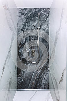 Linear shower drain in modern bathroom