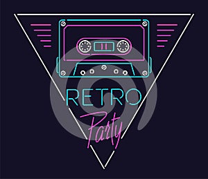 Linear Sign of Tape Cassette in Triangle with `Retro Party` Text in Style of 80s