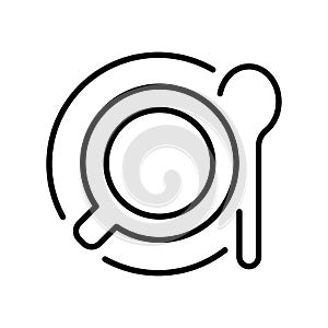 Linear simple coffee cup top view icon vector illustration. Monochrome mug with saucer and spoon