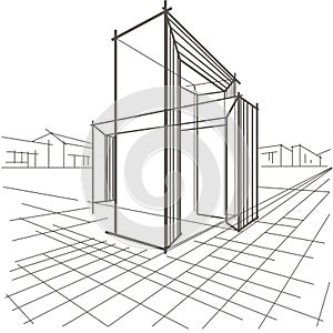 Linear sketch architectural construction two intersecting arches