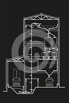 Linear sketch factory section with elevator on black background