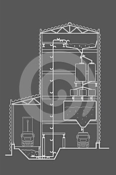 Linear sketch factory section with elevator on gray background