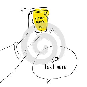 Linear sketch, fine lines, illustration, human hand girl holding a cardboard cup with a coffee break, the text bubble, mono