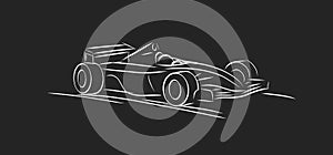 Linear sketch illustration of a bolide racing car, white line on black backdrop