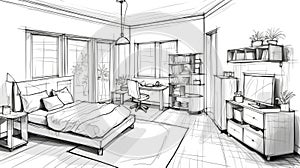 Linear sketch of an interior. Room plan. Sketch Line bedrooms