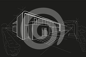 Linear sketch residental building - cottage perspective on black background