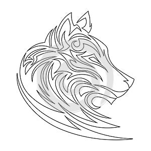 Linear sketch of a wolf head in black on a white background. Design suitable for coloring book, tattoo, decor, painting, logo